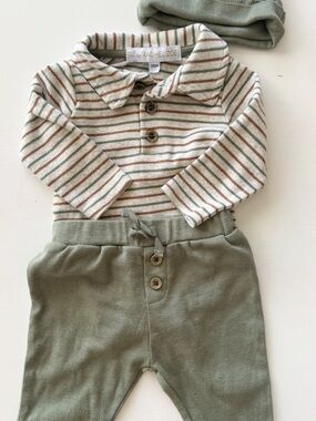 Rachel Zoe Striped Polo & Green Jogger Set - Cream, Brown, Sage